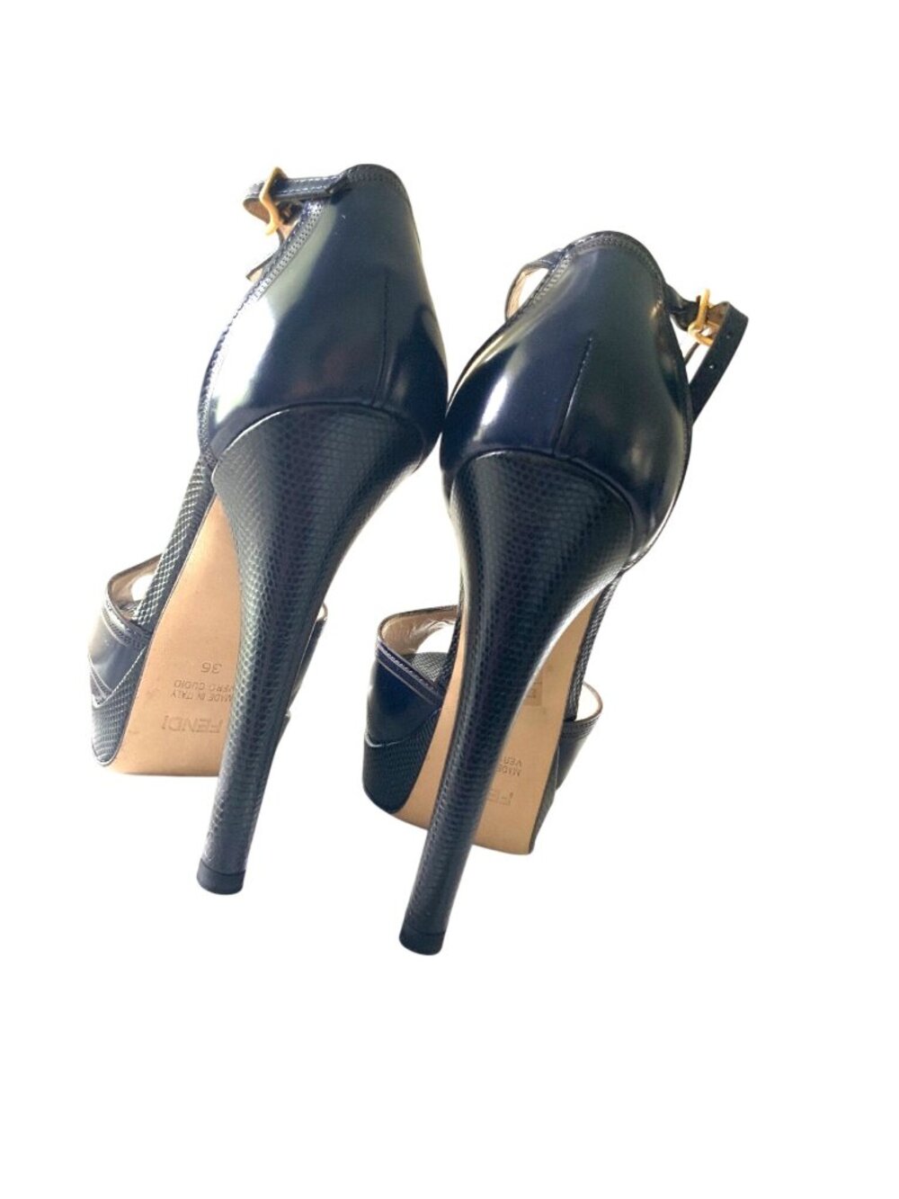 Fendi Navy & black Leather Perforated T-Strap Platform Heels Size 36 Made In Ita - Picture 6 of 11